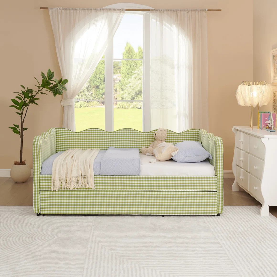 Cozy Gingham Daybed With Trundle Twin Size Sofa Bed No Box Spring Needed, With USB Port And Adora... | Wayfair North America