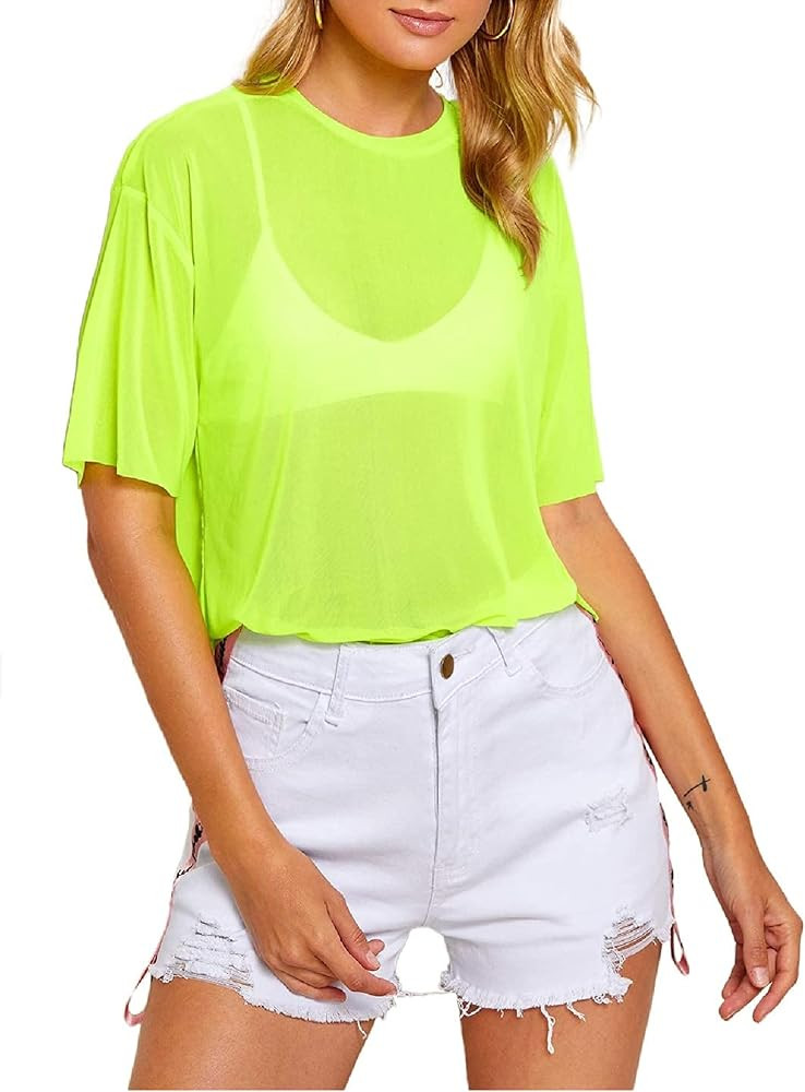 MakeMeChic Women's Summer Short Sleeve Tops See Through Mesh Sheer Sexy T Shirt Blouse | Amazon (US)