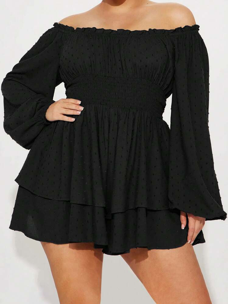 Women's Plus Size Off-The-Shoulder Romper Lantern Long Sleeve Frilly Tie Mini Shorts Romper Lace Tie Romper | SHEIN
