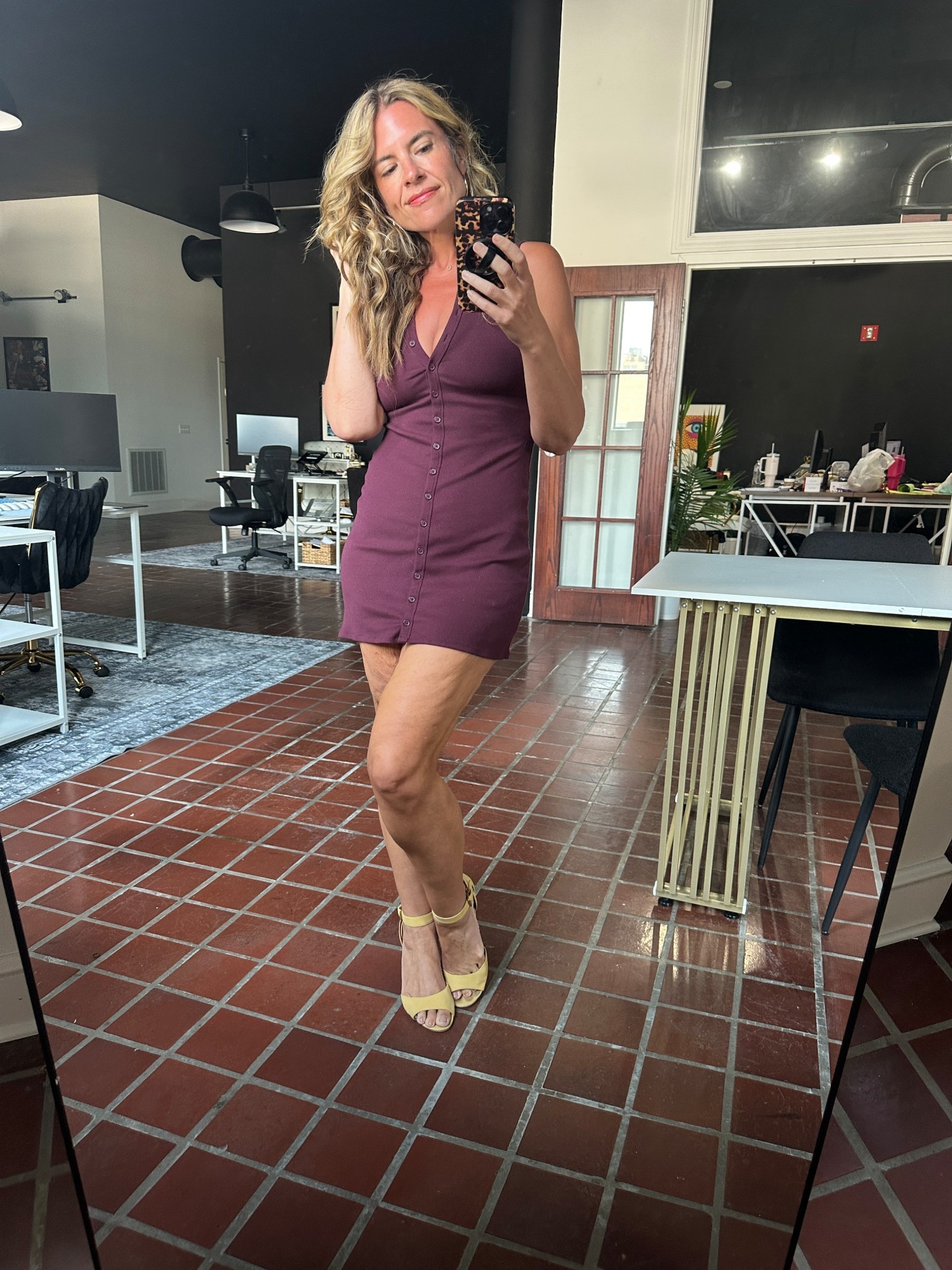Easing into fall with a simple wine colored mini dress and mustard heels. 

Size up one for length  