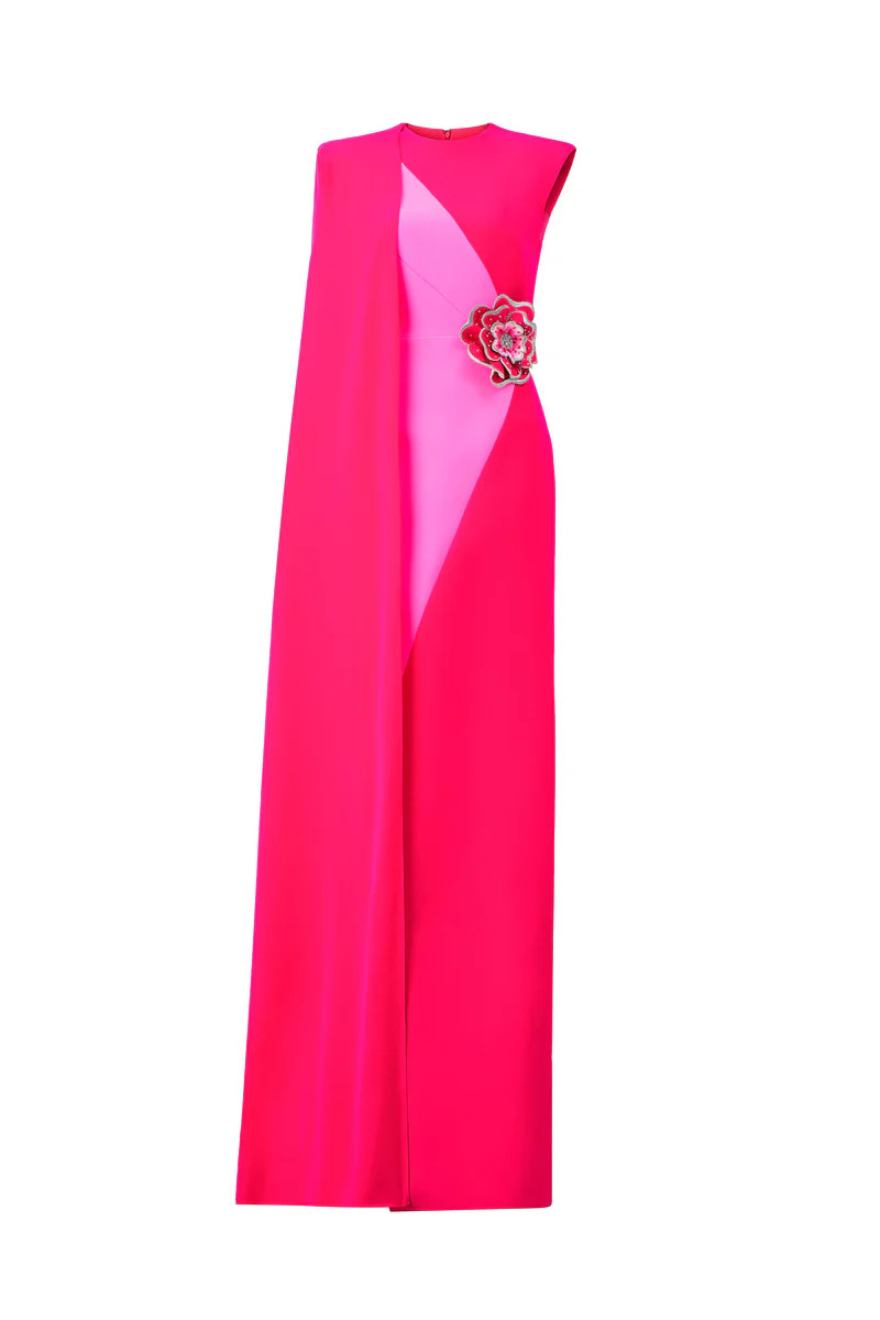 FUCHSIA COLUMN GOWN WITH ATTACHED ONE SHOULDER LONG CAPE | IHF | CULT MIA | CULT MIA UK LTD