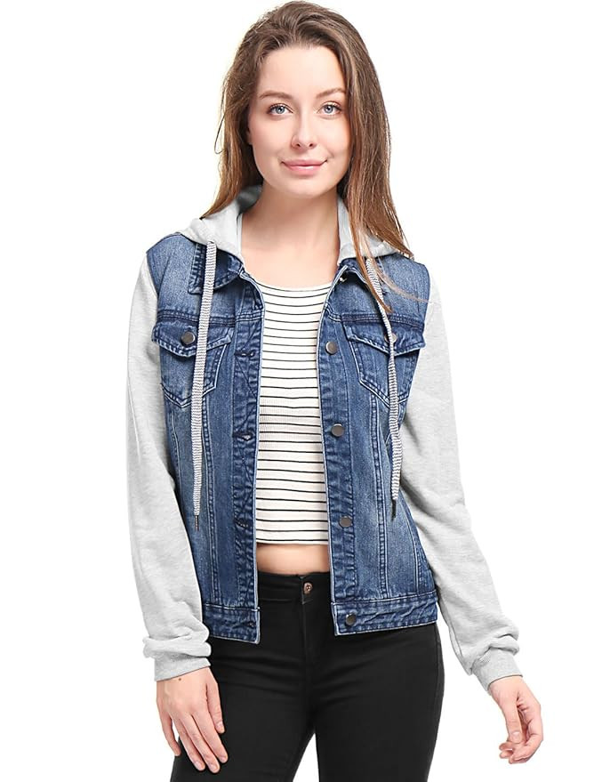 Allegra K Women's Layered Drawstring Hood Denim Jacket w Pockets | Amazon (US)