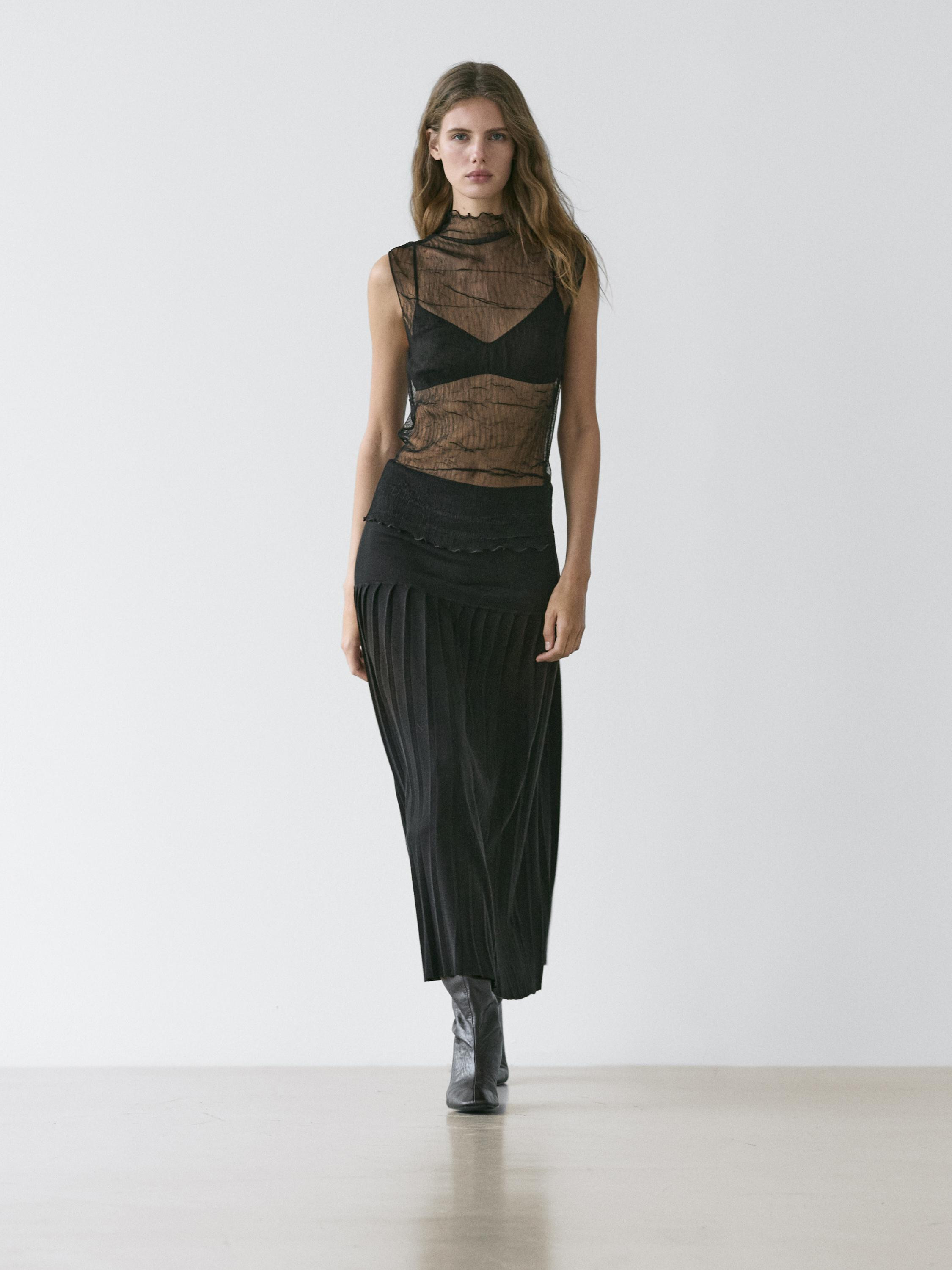 Halflange rok met plooien | Massimo Dutti NL