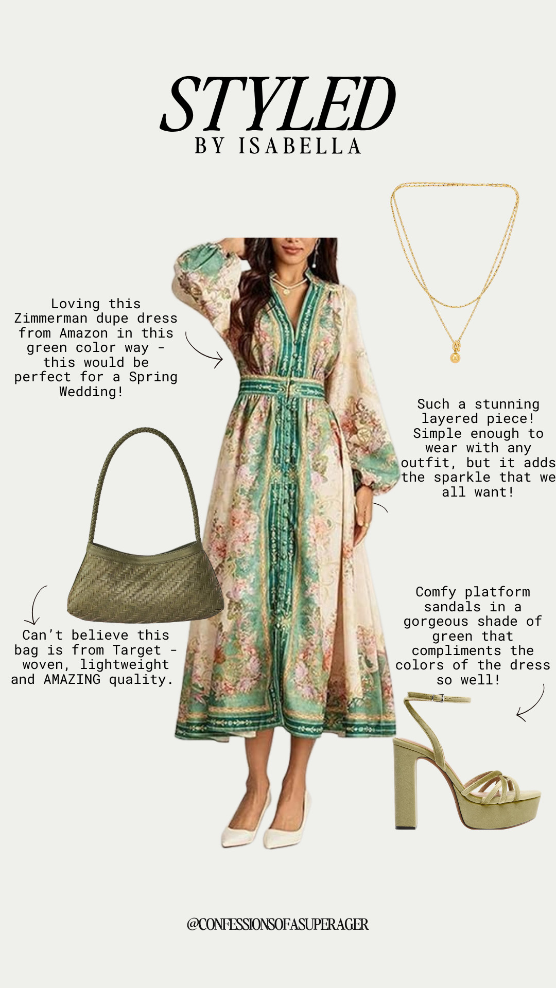 This dreamy green floral maxi dress is the ultimate Zimmermann-inspired Amazon fashion find 🌿✨ Perfect for Spring weddings, garden parties, brunch, or vacation dinners, and I’m obsessed with how the woven Target bag and green platform heels pull the whole look together. Elevated, feminine, and luxe-looking without the designer price tag! #AmazonFashion #SpringWeddingGuestDress #ZimmermannInspired #TargetStyle #MaxiDress #SpringStyle #GardenPartyOutfit #VacationStyle #ResortWear #WeddingGuestDress #AffordableFashion #LTKStyle #FeminineStyle #BohoChic #GreenDress #PlatformHeels #WovenBag #ConfessionsOfASuperager

#LTKootd #LTKOver40 #LTKSaleAlert