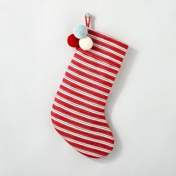 Woven Stripes with Poms Holiday Stocking Red/White - Hearth & Hand™ with Magnolia | Target