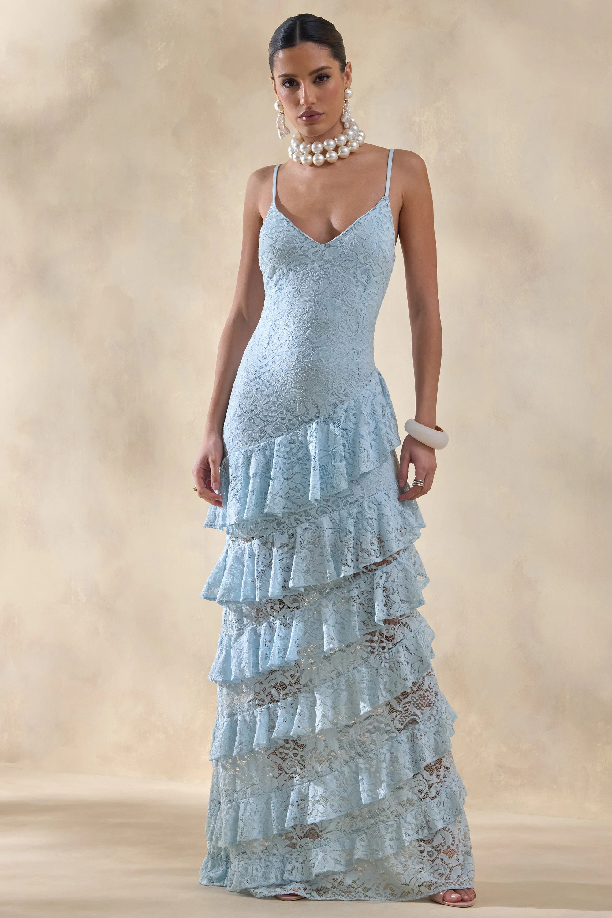 Avelisse | Blue Lace Plunge-Neck Maxi Dress With Ruffled Detailing | Club L London