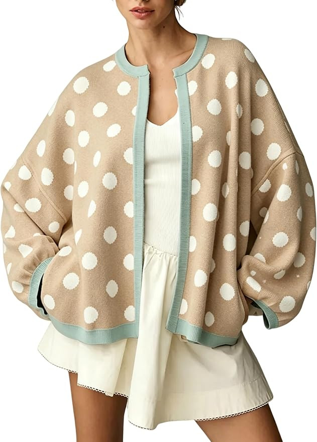Women's Casual Loose Fit Polka Dot Knit Cardigan Long Balloon Sleeves Open Front Knit Sweater | Amazon (US)