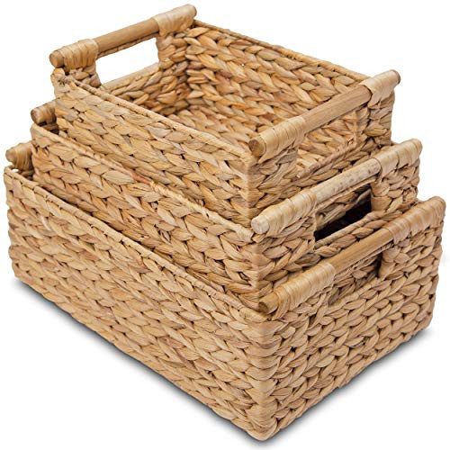 VATIMA Hyacinth Wicker Basket Set 3 size - Rectangular, Wooden Handles, Shelf Organizer, Natural Bins | Amazon (US)