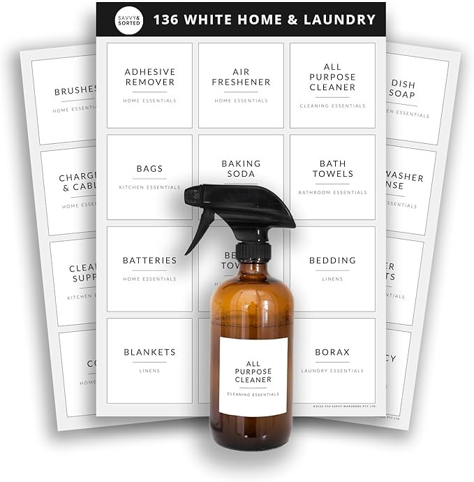 Laundry Labels for Jars, 136 Preprinted Home and Laundry Label Stickers for Storage Bins, Cleanin... | Amazon (US)