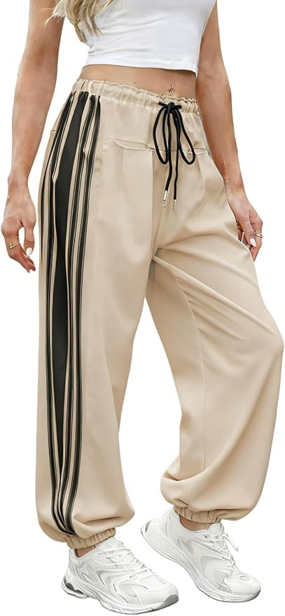 Hongsui Women's Baggy Side Striped Pants Color Block Jogger Pants High Waist Drawstring Harem Pan... | Amazon (US)