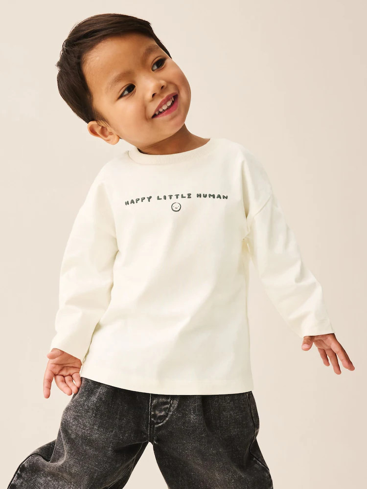 White Happy Little Human Slogan Long Sleeve Small Graphic Printed T-Shirt (3mths-7yrs) | Next US