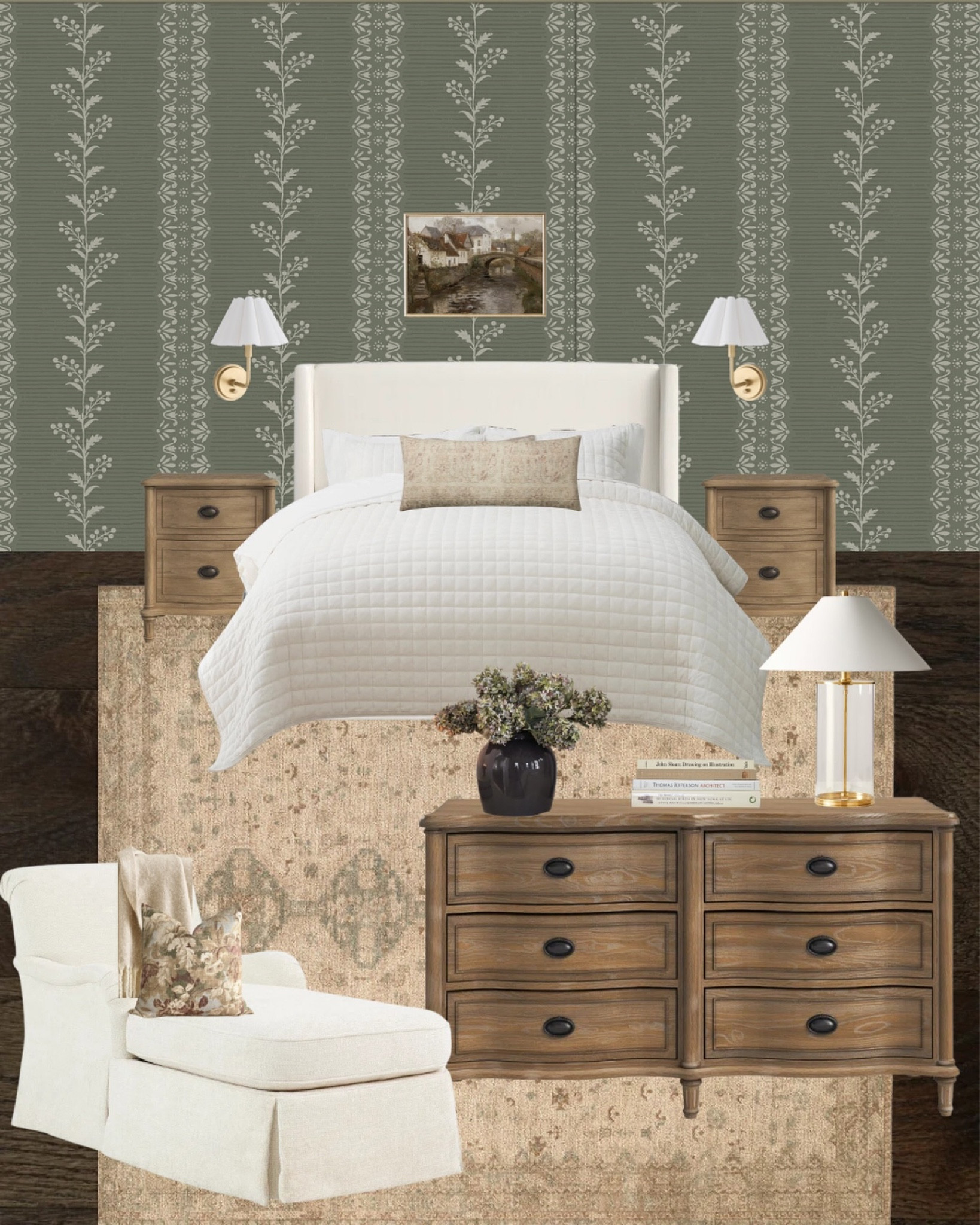 Mood Board Monday: I’m leaning into soft, muted tones with a touch of nostalgia for this design. This bedroom combines 90s-inspired charm with moments of Ralph Lauren—warm woods, floral patterns, and cozy textures. The sage wallpaper creates a romantic backdrop, while the creamy whites and earthy tones keep everything grounded and serene. 

#LTKHome