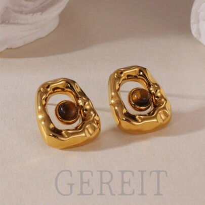 1 Pair Vintage 18K Stainless Steel Textured Brown Natural Stone Stud Earrings, Suitable For Women's Daily Wear | SHEIN