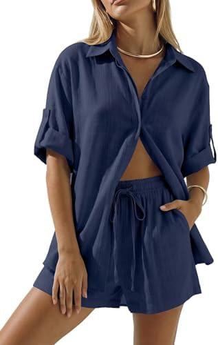 BWQ Womens 2 Piece Linen Short Sets Beach Vacation two piece sets for women summer | Amazon (US)