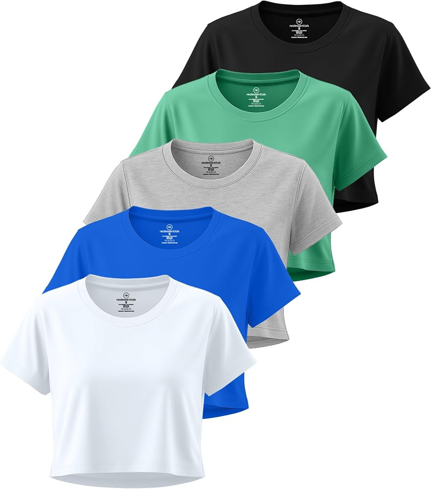 Real Essentials 5 Pack: Women's Dry-Fit Crop Top Short Sleeve Shirts Workout Gym Cropped Athletic... | Amazon (US)