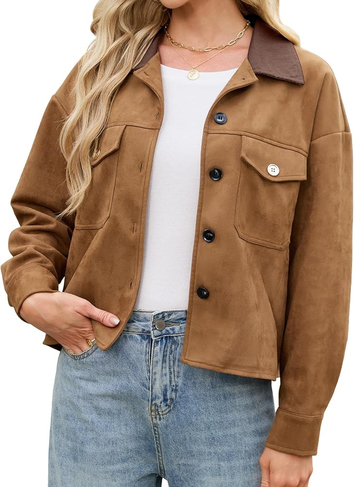 Women's Faux Suede Jacket, Button Down Contrast Collar Shacket | Amazon (US)