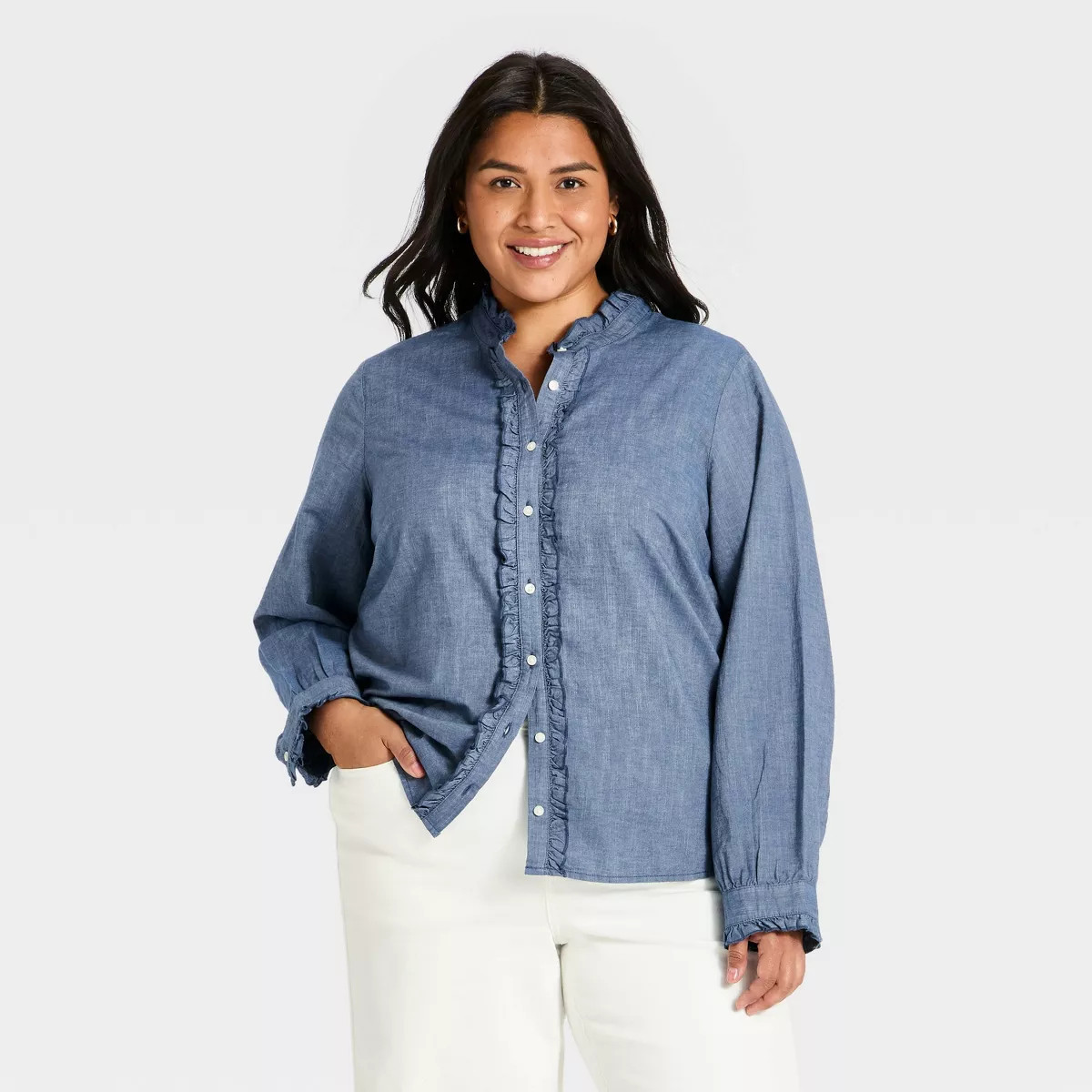 Women's Ruffle Long Sleeve Button-Up Ruff Collared Neck Blouse - Universal Thread\u2122 Chambray ... | Target