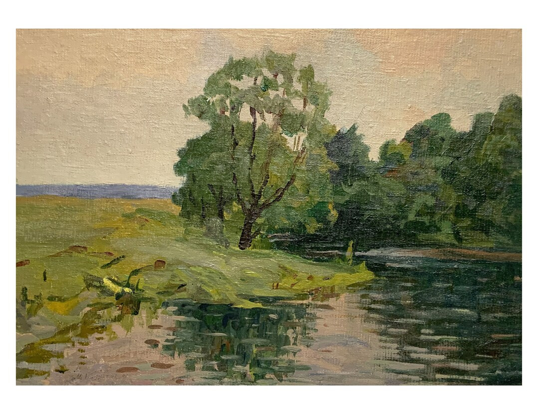 Vintage original oil painting River landscape by a Ukrainian artist M.Kryvenko, 1985, Riverscape,... | Etsy (US)