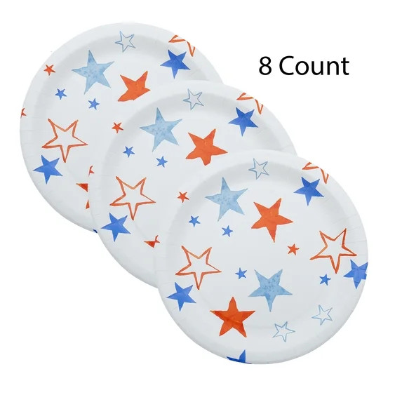 Red/White/Blue Stars Disposable Paper Plates, 10", 8 Count, Patriotic by Way To Celebrate | Walmart (US)