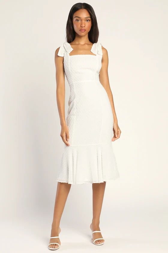 Bimini White Swiss Dot Tie-Strap Midi Dress | Lulus (US)