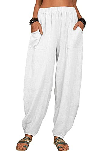 utcoco Women's Cotton Linen Harem Pants Casual Loose Fit High Waisted Pants Trousers with Pockets (XX-Large, White) | Amazon (US)