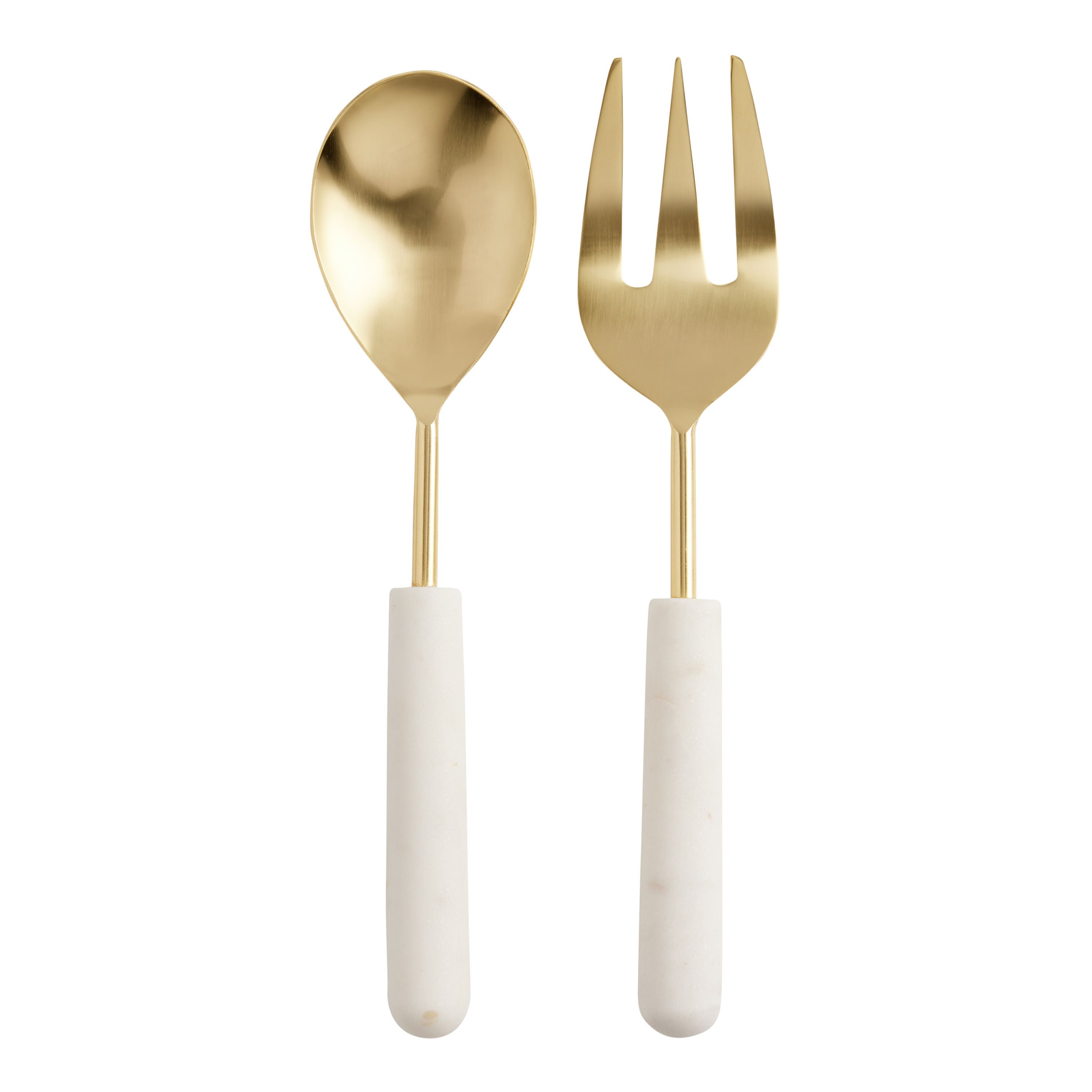 Gold Metal And White Marble Salad Servers 2 Piece Set | World Market