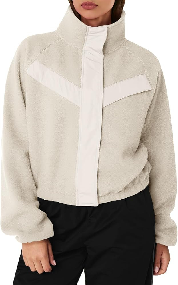 Fisoew Womens Fuzzy Fleece Cropped Jackets 2025 Fall Long Sleeve Zip Up Stand Collar Sherpa Jacke... | Amazon (US)