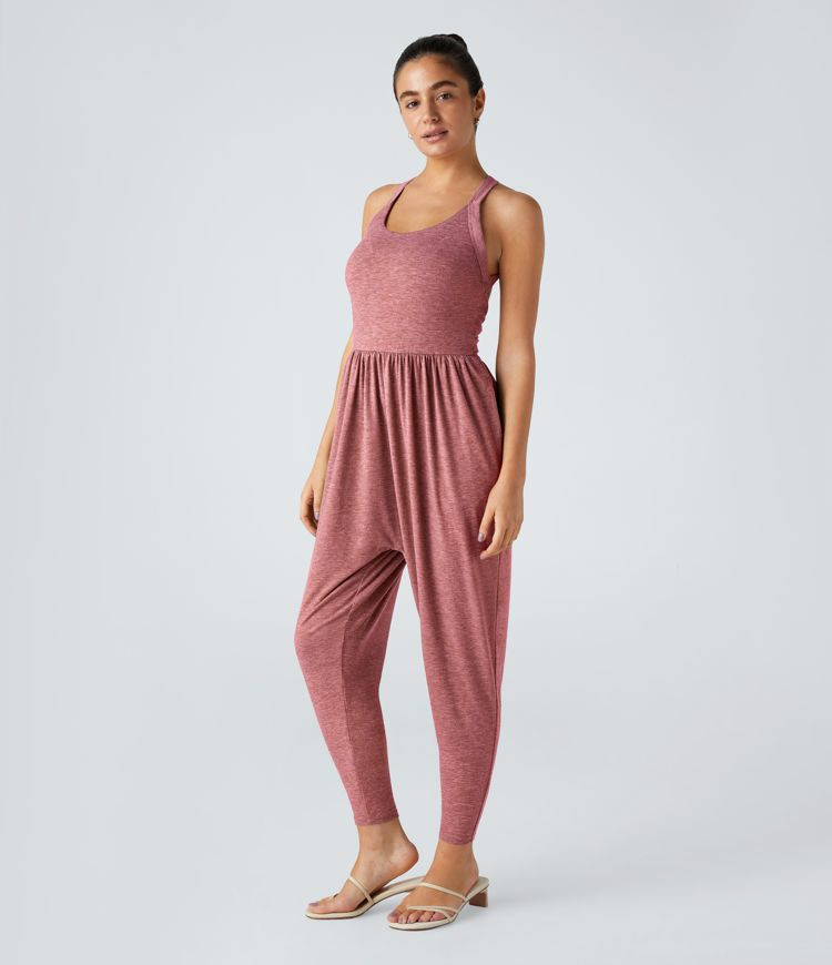 Women’s Backless Twisted U Neck Side Pocket Harem Casual Jumpsuit-Easy Peezy Edition - Halara | HALARA