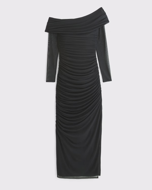 Long-Sleeve Mesh Asymmetrical Draped Maxi Dress | Abercrombie & Fitch (US)