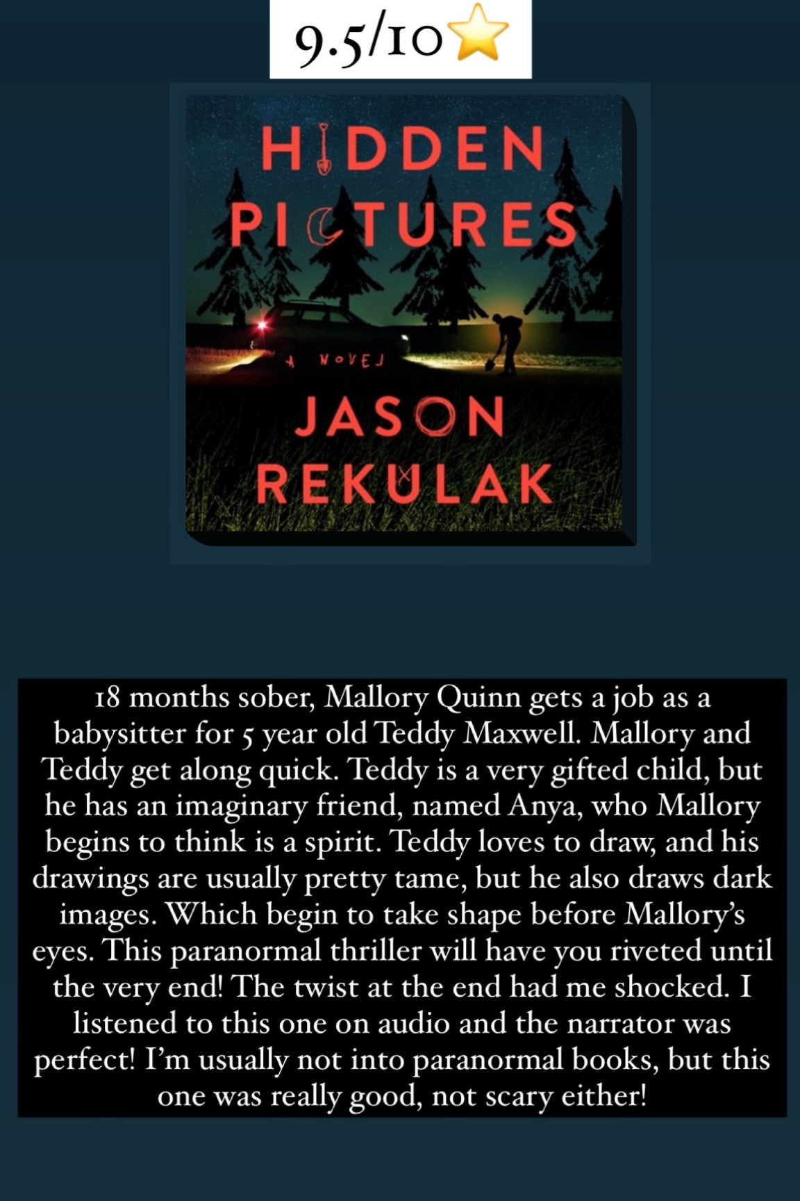 71. Hidden pictures by Jason Rekulak :: 9.5/10⭐️ 18 months sober, Mallory Quinn gets a job as a babysitter for 5 year old Teddy Maxwell. Mallory and Teddy get along quick. Teddy is a very gifted child, but he has an imaginary friend, named Anya, who Mallory begins to think is a spirit. Teddy loves to draw, and his drawings are usually pretty tame, but he also draws dark images. Which begin to take shape before Mallory’s eyes. This paranormal thriller will have you riveted until the very end! The twist at the end had me shocked. I listened to this one on audio and the narrator was perfect! I’m usually not into paranormal books, but this one was really good, not scary either!

book / thrillers / romance / travel book / good reads / booktok books / book recommendations / on my bookshelf / kindle books / audio books / kindle girlie / kindle unlimited / amazon books / amazon reads / amazon readers / reading / reading must haves / trending books / kindle accessories / books accessories / books

#LTKtravel #LTKhome