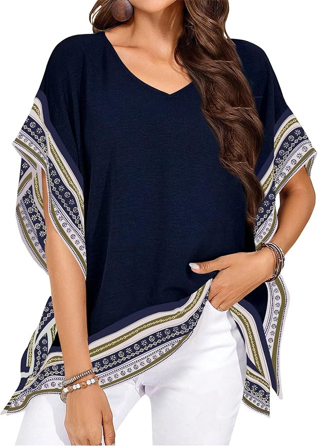 Falechay Women's Casual V Neck Floral Tops Batwing Sleeve Blouse Loose Fitting Shirts Boho Flowy ... | Amazon (US)