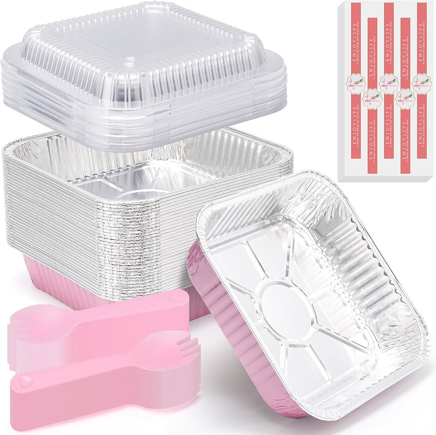 (35 Pack)Pink 8x8 Inch Disposable Aluminum Foil Pans&Square Cake Pans for Parties, Clear Plastic ... | Amazon (US)