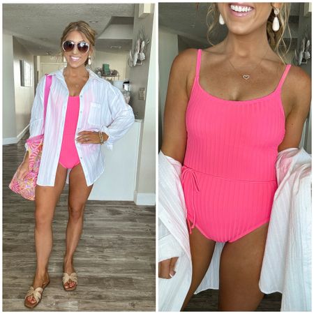 Found this CUTE swim look, all Walmart, just in time for our beach trip. Taking these pieces From Rack to Reality. Swimsuit runs TTS. I go up a size in the shorts for an oversized beach coverup look. I sized down half a size in the sandals. 

Walmart fashion. Walmart finds. LTK under 50. Beach look. Pink swimsuit. 