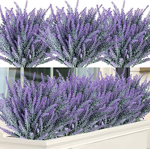 Ouddy Decor 12 Bundles Artificial Lavender Fake Flowers Faux Plastic Plants for Home Wedding Kitchen Garden Patio Window Box Office Table Centerpieces Indoor Outdoor Decor, Gray Purple | Amazon (US)