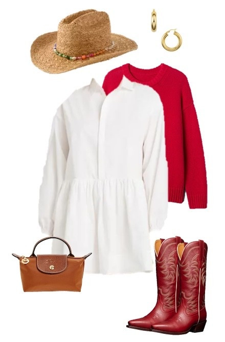 Country concert outfit 
County fair outfit 
Rodeo outfit
Red cowboy boots
White shirt dress
Mini longchamp 
Cowboy hat 
Red sweater

#LTKSeasonal #LTKSaleAlert
