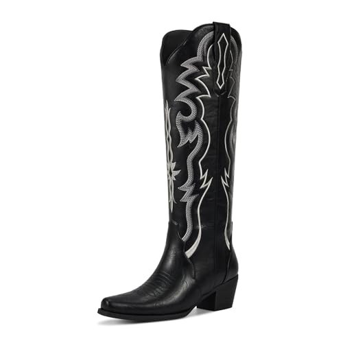 wetkiss Black Cowboy Boots for Women Knee High Cowgirl Tall Boots with Classic Retro Embroidered Chunky Heel Slip On Pointed Toe Womens Western Boots for Girls Ladies | Amazon (US)