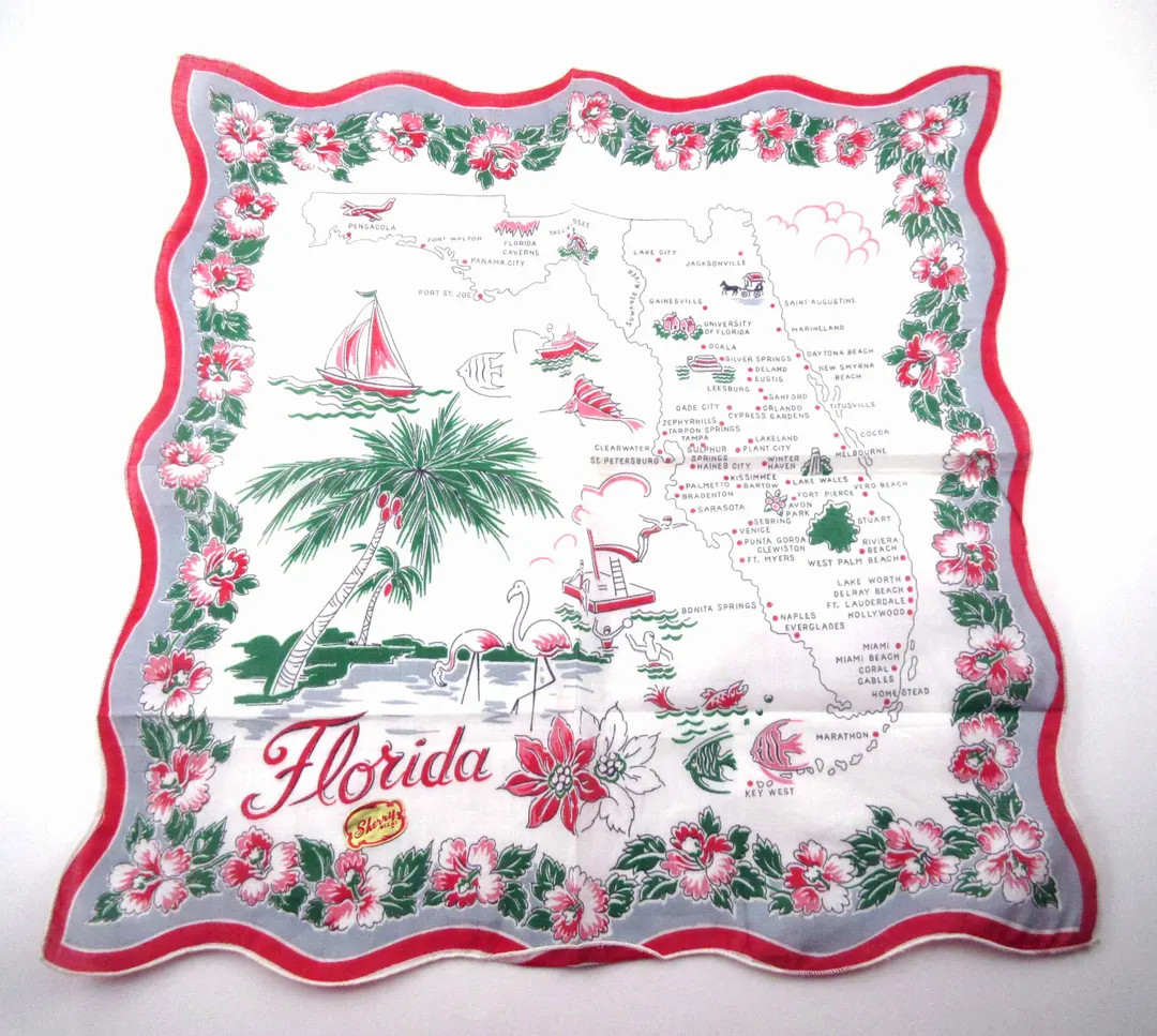 Vintage Florida State Souvenir Cotton Handkerchief Hanky Hankie With Red Accents - Etsy | Etsy (US)