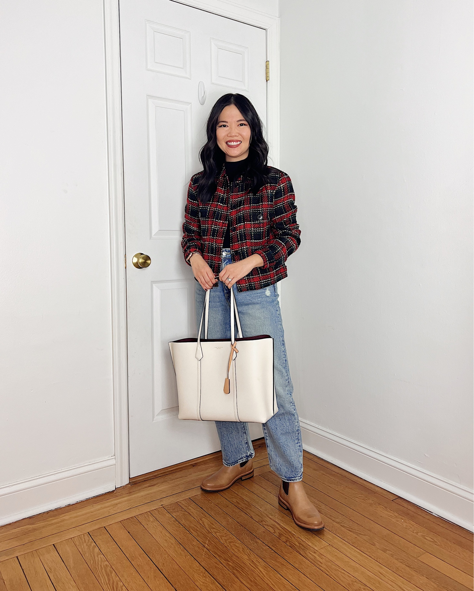 Red tweed jacket (XS)
Christmas jacket 
Black mock neck top (XS)
High waisted straight jeans (27P)
Brown Chelsea boots (1/2 size up)
Burgundy bag
JW Pei bag
Casual holiday outfit
Casual Christmas outfit
Winter outfit 
LOFT outfit

#LTKHoliday #LTKSeasonal #LTKparties