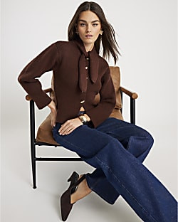 Brown Knitted Tie Neck Cardigan | River Island UK & IE