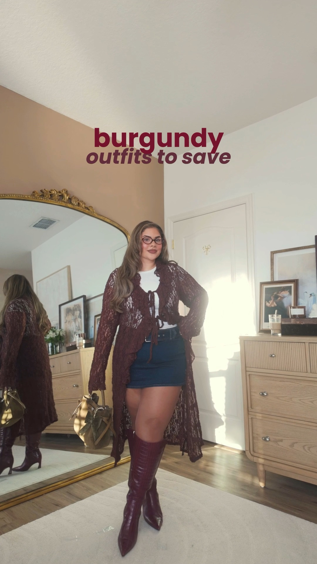 burgundy outfit inspo for fall 🤎

wearing size:
XL in the cardigan
XL in the skirt 
3x in the stockings 
2x in the skims white top
Extra wide calf boots 
Outfit 2:
XL in the top 
XL in the jacket 
33 in the jeans #LTKStyleTip 

#LTKMidsize #LTKPetite