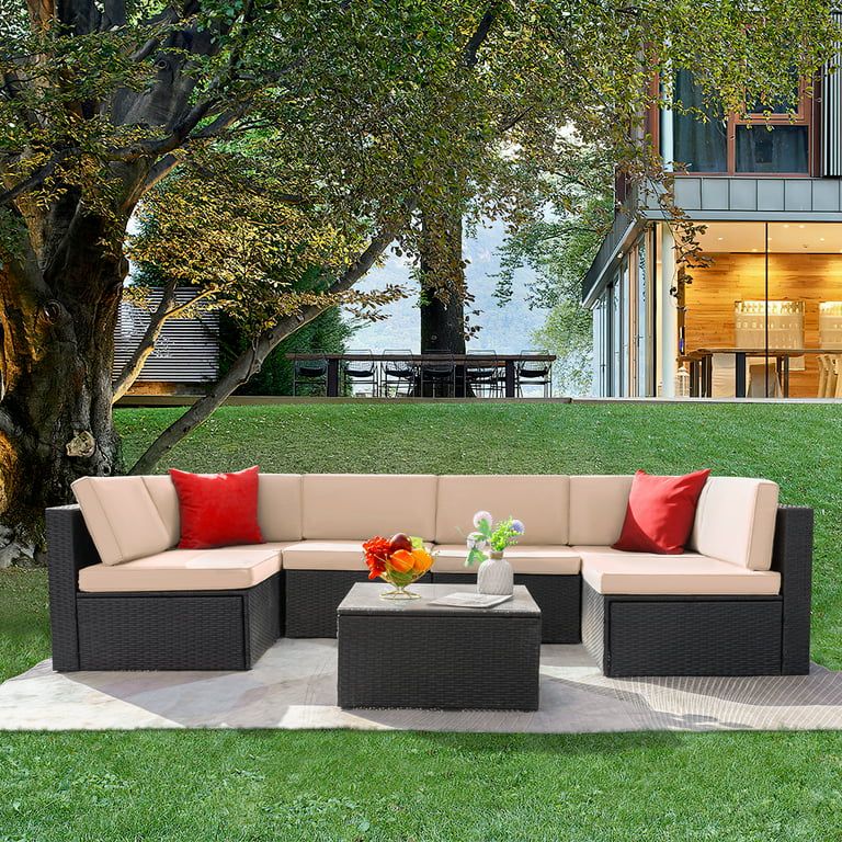 LACOO 7 Pieces Patio Conversation Set Outdoor Sectional Sofa Set PE Rattan Sectional Seating Grou... | Walmart (US)