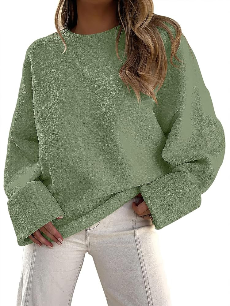 LOGENE Womens Oversized Fuzzy Crewneck Long Sleeve Sweaters Casual Loose Knitted Pullover Jumper Top | Amazon (US)