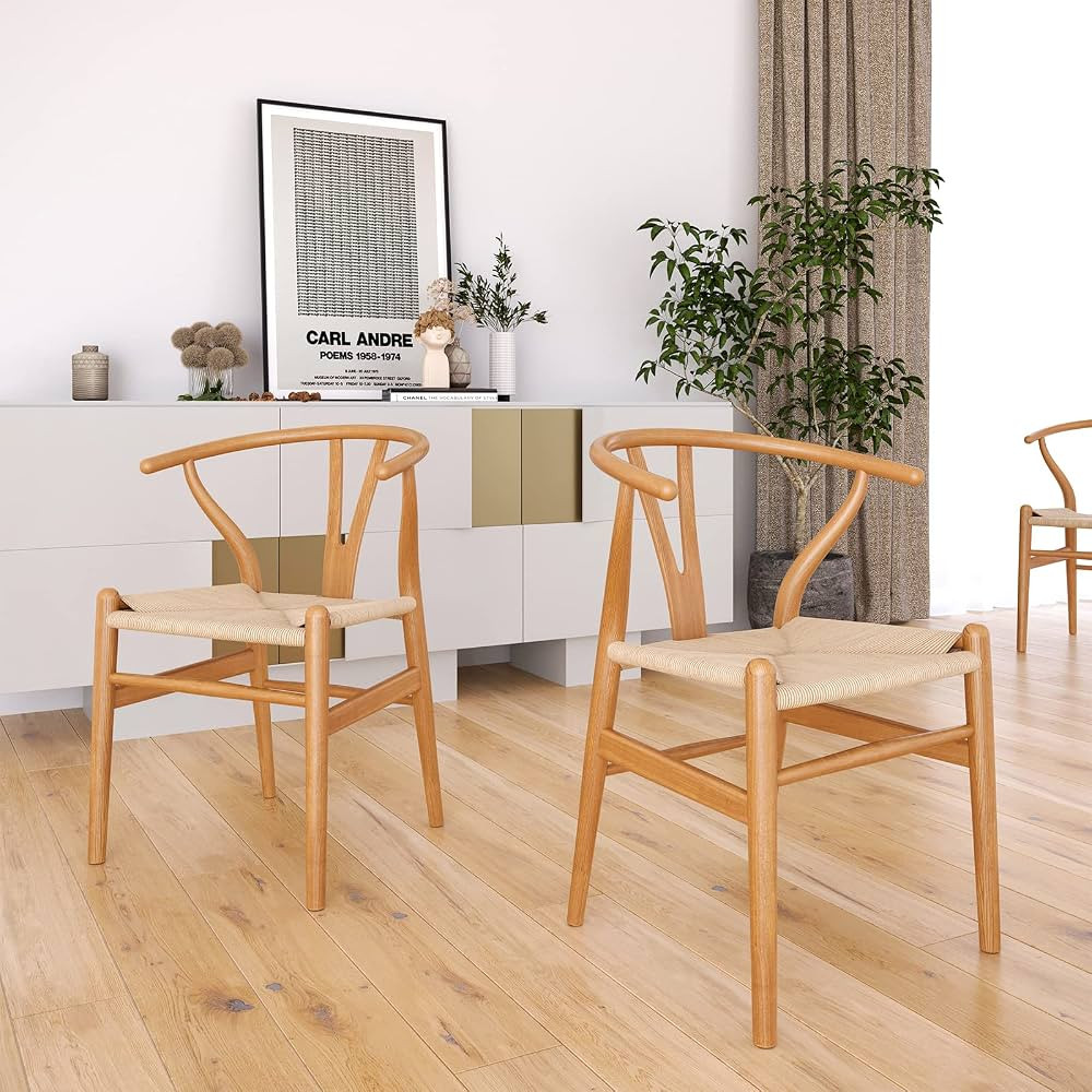 STARY Solid Wood Wishbone Dining Room Chairs Set of 2 with Natural Weave Hemp Seat, Fully-Assembl... | Amazon (US)