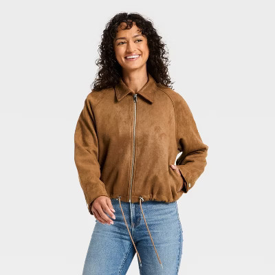 Women's Suede Bubble Bomber Jacket - Universal Thread™ Brown M | Target