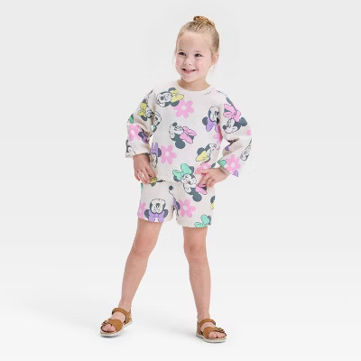 Toddler Girls' 2pc Disney Minnie Mouse French Terry Pullover Top & Shorts Set - Khaki | Target