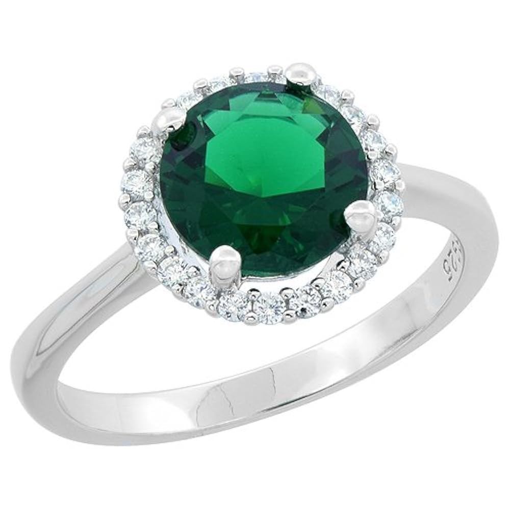 Sterling Silver Round Emerald Ring Halo CZ Rhodium Finish, 7/16 inch Wide, Sizes 6-9 | Amazon (US)