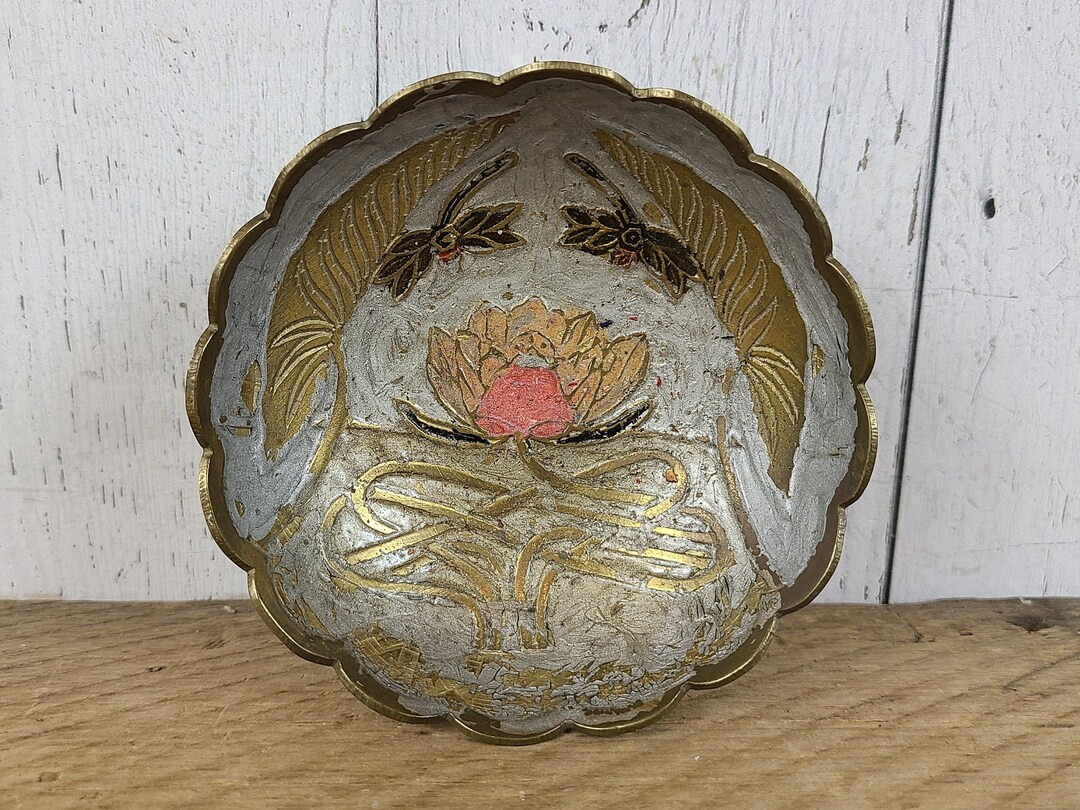 Vintage Lotus Flower Etched Painted Brass Bowl 4 Wide Water Lily Trinket Dish Modern Mid Century ... | Etsy (US)