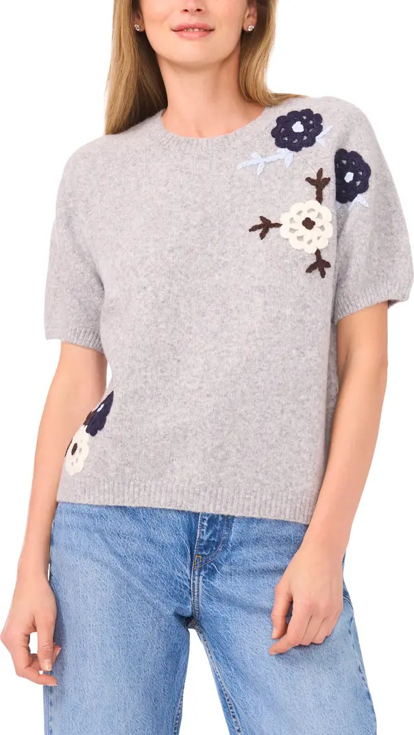 Halogen® Floral Embroidered Short Sleeve Sweater | Nordstromrack | Nordstrom Rack