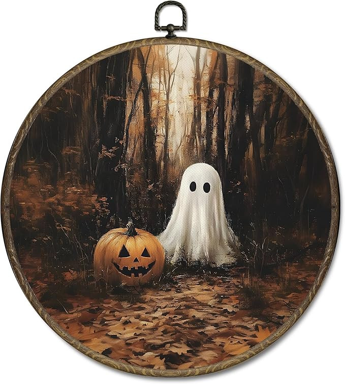OINDADE Fall Ghost Halloween Round Wall Art Decor, Vintage Dark Cottagecore Ghost Wall Art Hangin... | Amazon (US)
