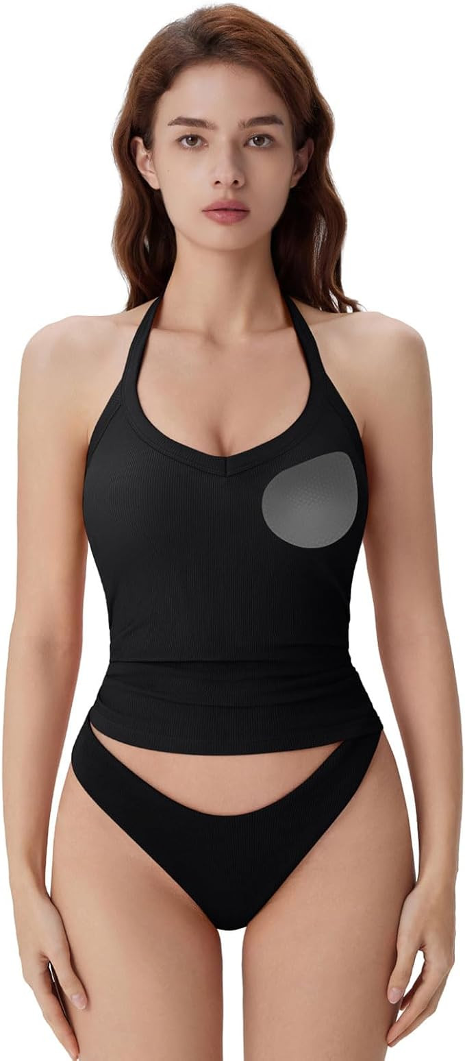 SUUKSESS Halter Tank Top for Women with Built in Bra Cotton Ribbed V Neck Cami | Amazon (US)